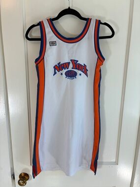Vintage White NY Knicks Sports Jersey Mini Dress Blue Orange New York